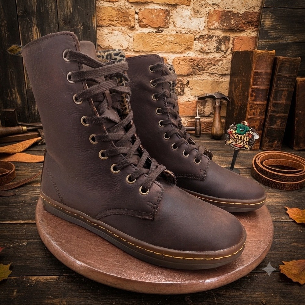 Dr. Martens Stratford Dark Brown Leather Leopard Print Lining Boots Womens 7